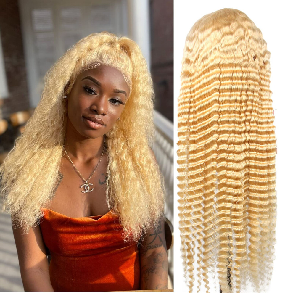 Unisex 613 Lace Front Wig Blonde Human Hair Preplucked 13X4 Brazilian Virgin Deep Wave 28 Inch