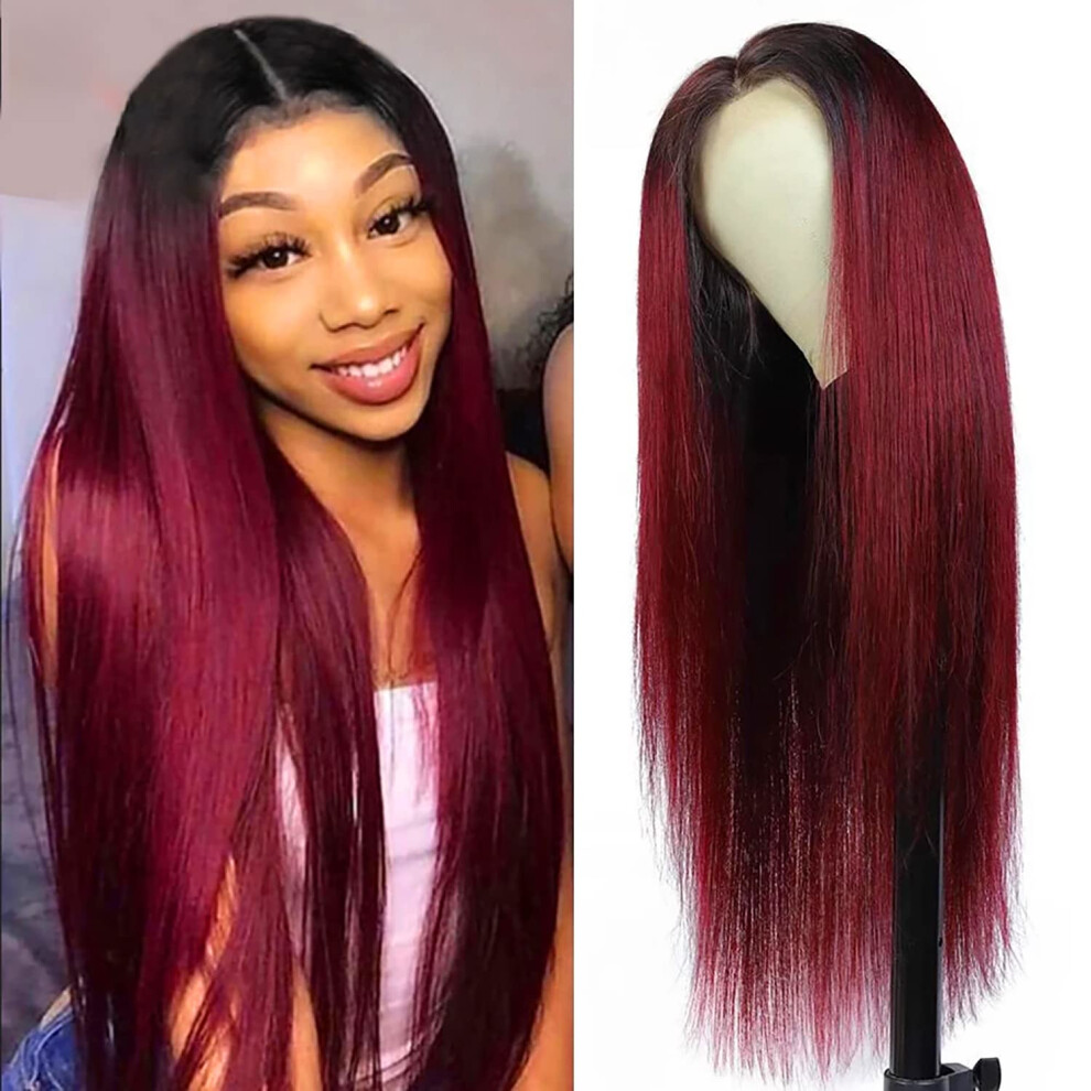 Unisex Red Burgundy 1B/99J 13X4 Hd Transparent Lace Front Human Hair Wig, Pre Plucked Natural Hairline, 20 Inch Silky Straight