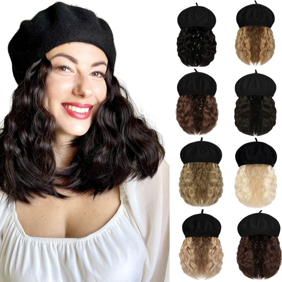 Unisex Wig Hat Beret With Synthetic Wavy Hair Extensions For Women, Short Bob Instant Natural Look