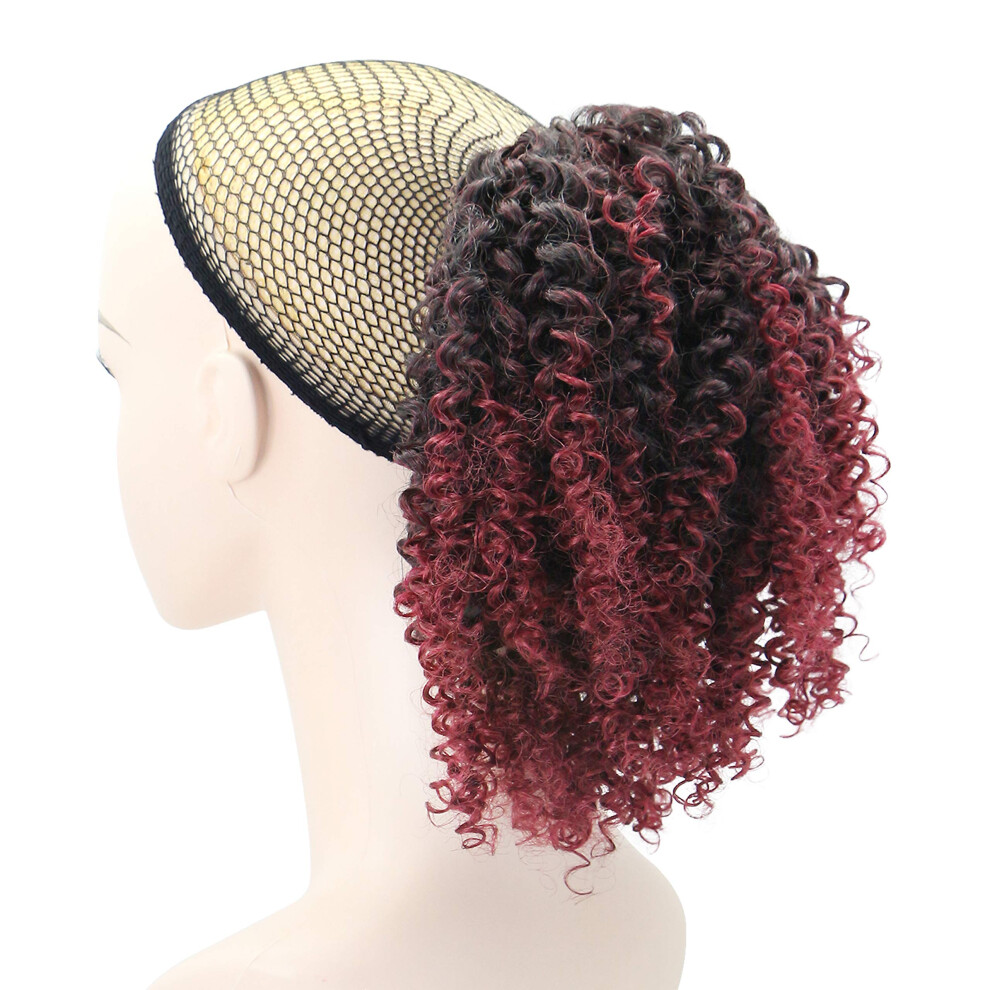 Unisex Red Afro Kinky Curly Drawstring Ponytail Extension For Women 8 Inch Wine Synthetic Hairpiece