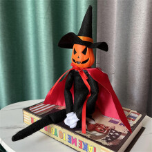 35 cm grote Halloween-pompoenknuffel, feeënpop met zwarte hoed, witte handschoenen, pak en cape, decoratie voor binnen en buiten,