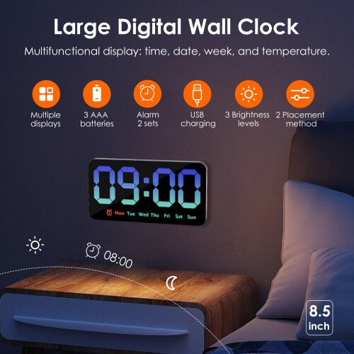Relógio de parede digital com tela LED de 8,5 polegadas, despertador, 3 níveis de brilho, data, dia da semana e temperatura. 2