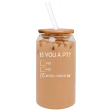 Copo de vidro em formato de lata de 473ml para café gelado com tampa de bambu e canudo - Presente "Você é um PT?" - Fisioterapeuta engraçado