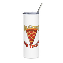 Copo térmico fino e elegante para amantes de pizza, "In Crust We Trust" (Branco)