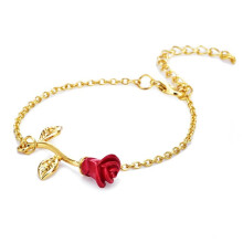 Pulseira feminina com rosa, corrente ajustável, joia banhada a ouro, pulseira duradoura para festas.