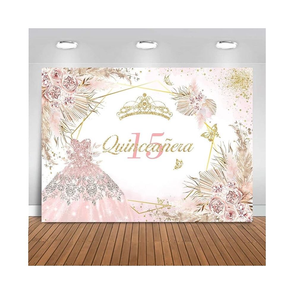 Boho Chic 15Th Birthday Backdrop - Flowers, Pampas Grass, Sweet 16 Party Decor, Photo Booth Background, Compatible With Quinceanera Pink 9482828433399