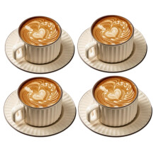 XingXingShunShun Cappuccino Cups with Saucers, 8 oz Ceramic Vertical Stripe Coffee Cup and Saucer set for Au Lait, Double shot, Latte, Cafe Mocha, Se