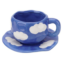 Ceramic Coffee Cup Set with Saucer, 10oz Handmade Pottery, Blue Cloud Design for Espresso and Tea