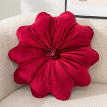Velvet Throw Pillow 15.7 Inch Round Flower Cushion for Sofa Couch Bed with Elegant Pleated Design Red