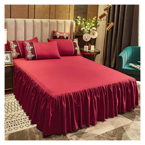 Red Ruffled Bed Skirt Queen Size with Elegant Design and Full Underbed Coverage