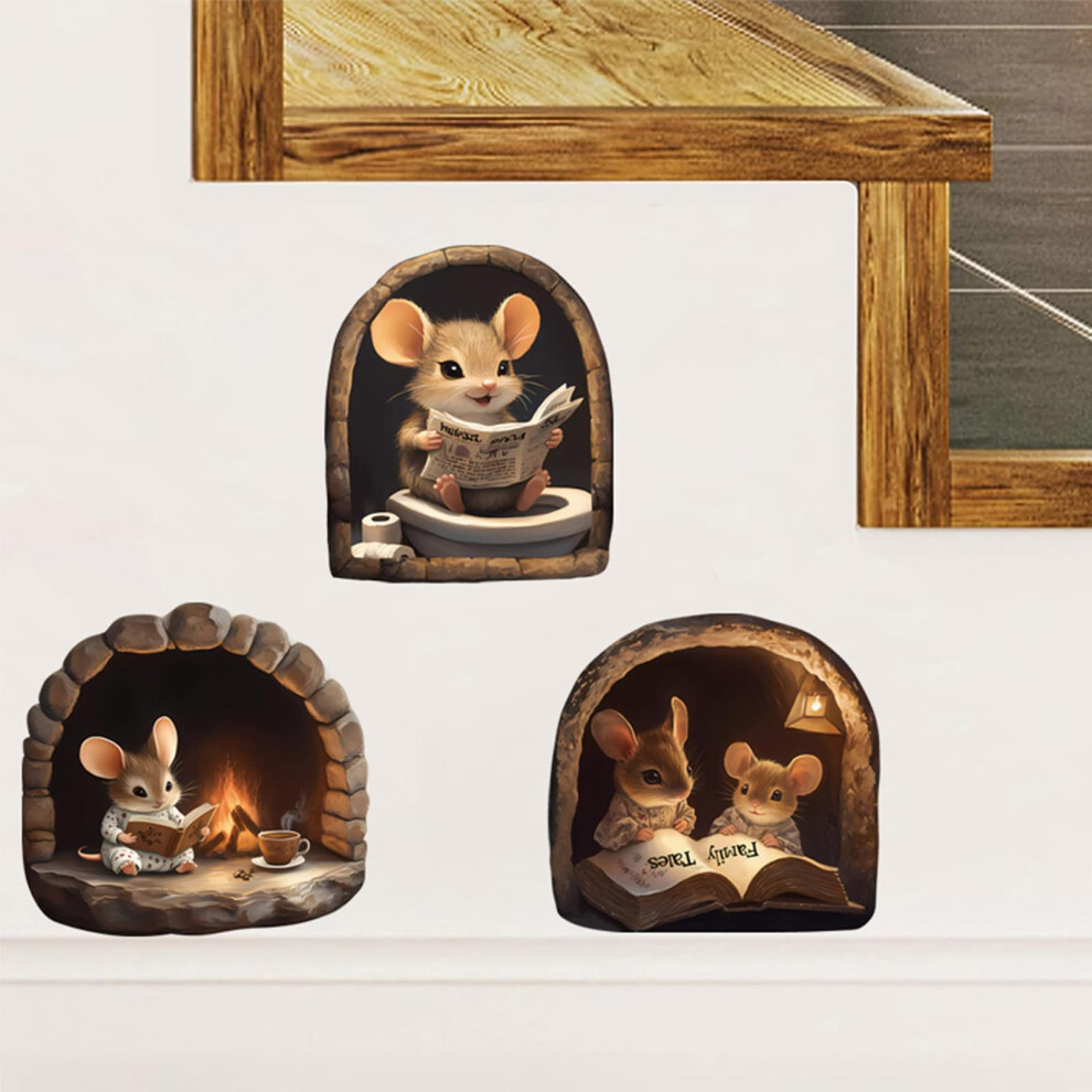 3PCS 3D Mouse Hole Wall Stickers – Cute Cartoon Mice Peel and Stick Vinyl Decals for Kids Room, Nursery, Baseboard Decor