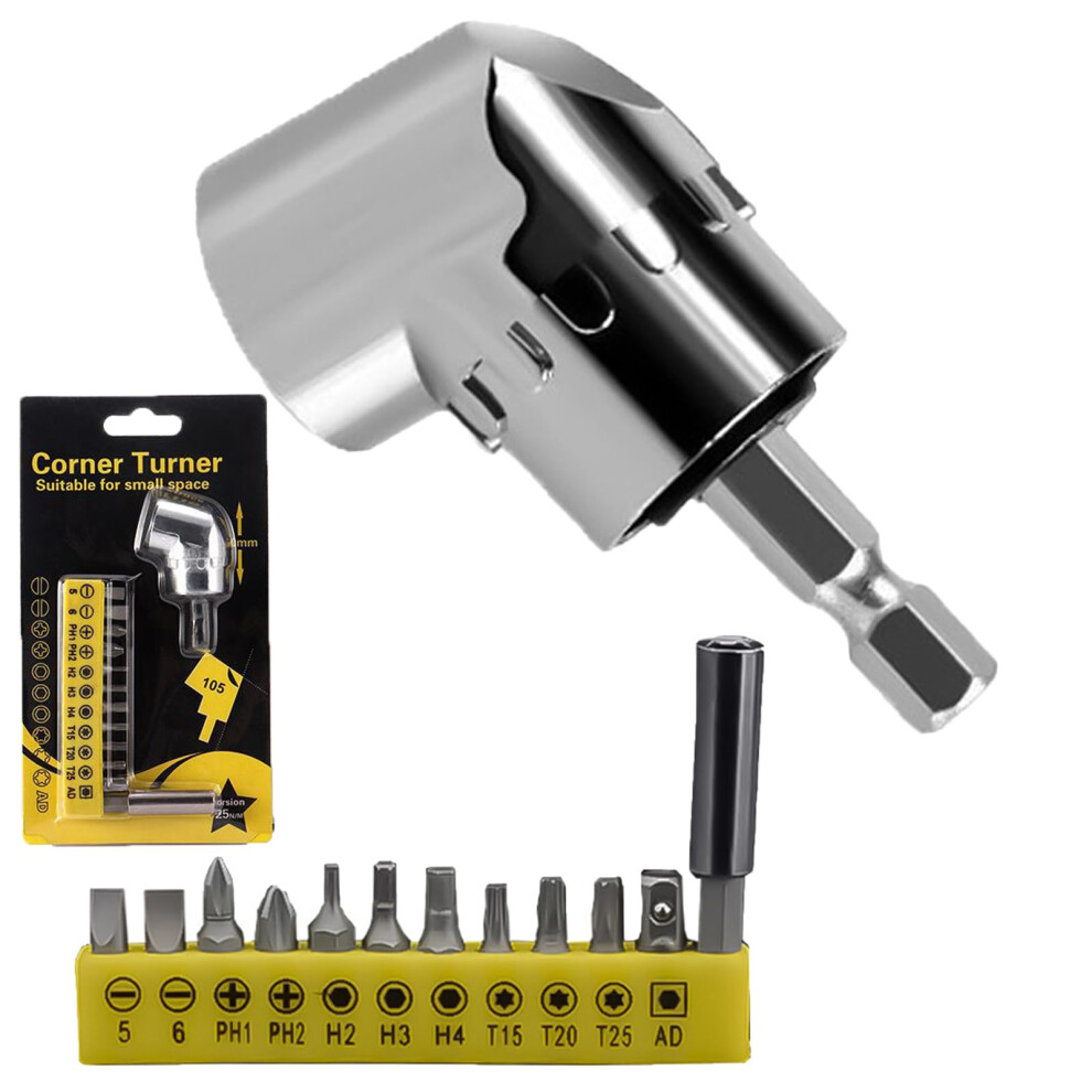 105 Degree Right Angle Drill Adapter Kit With 12Pc Bit Set For Tight Space Screwdriving 9099447843258