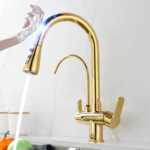 Touch Sensor Kitchen Faucet with 3 Function Pull Down Gold Mixer Tap for Hot Cold Filtered Water