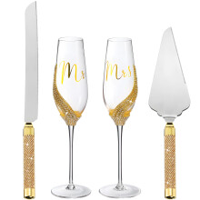 Elegant Gold Wedding Cake Knife Server and Champagne Flutes Set for Bride and Groom