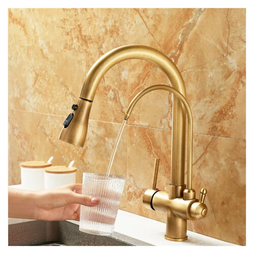 Antique Solid Brass Kitchen Tap with Pull Out Spout and Base Mount Water Filter