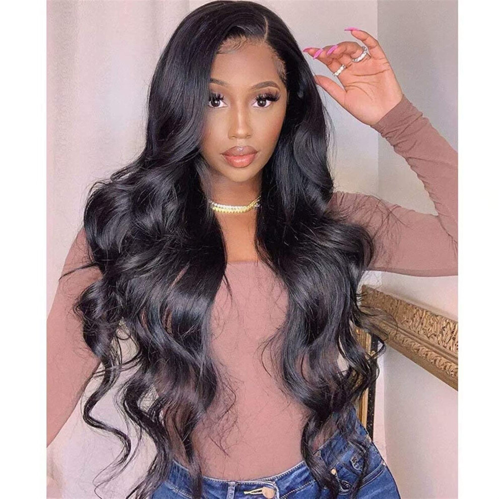 Unisex Black 22 Inch Brazilian Wavy Lace Front Wig, Natural Human Hair, 150% Density Preplucked