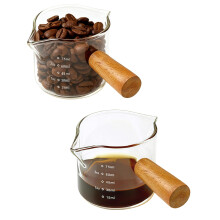 Espresso Shot Glass 2 Pack, 75ml Coffee Measuring Cup with Dual Spout, HeatResistant Glass and Wooden Handle