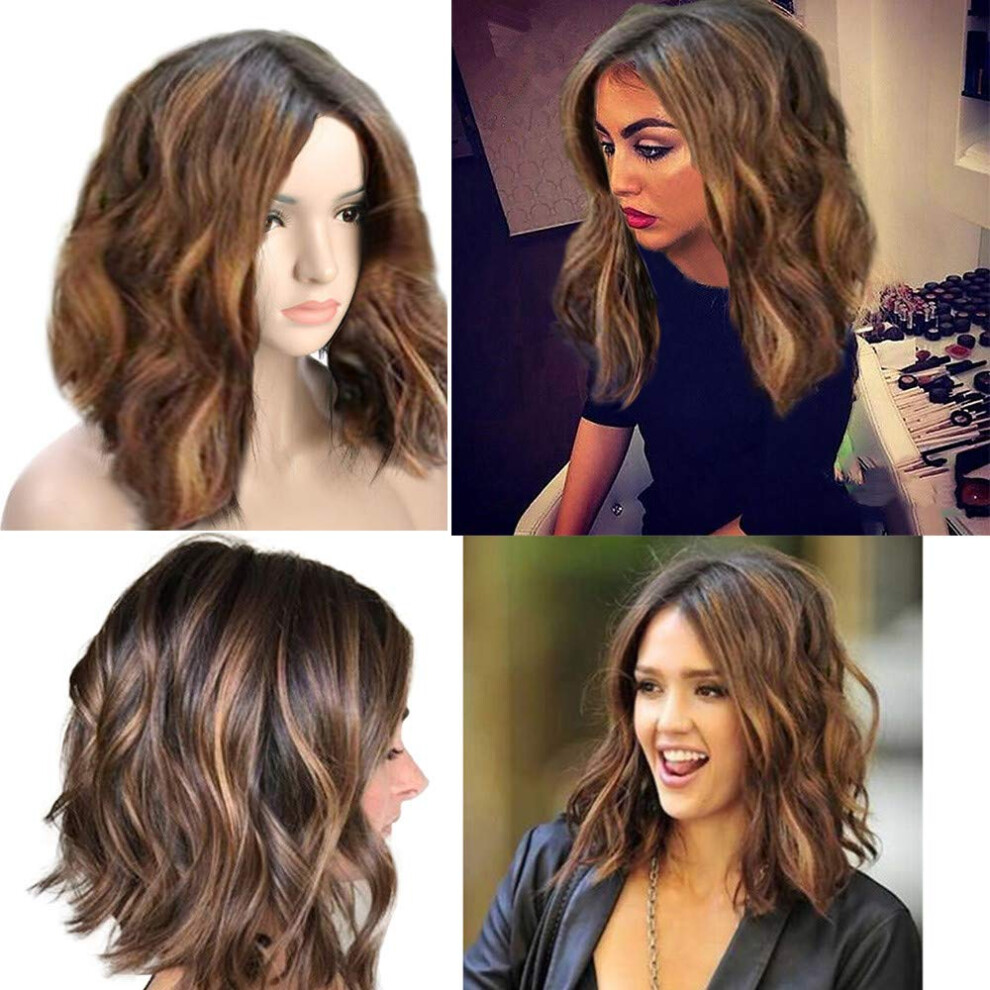 Unisex Brown Short Wavy Human Hair Wig For Women Glueless Front Bob Natural Curly 17 Inch
