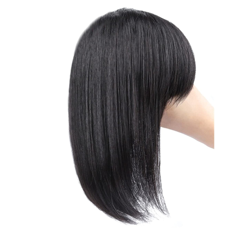 Unisex Brown Human Hair Topper With Bangs For Thinning Hair, Clip In Wiglet Hairpiece 12 Inch Dark