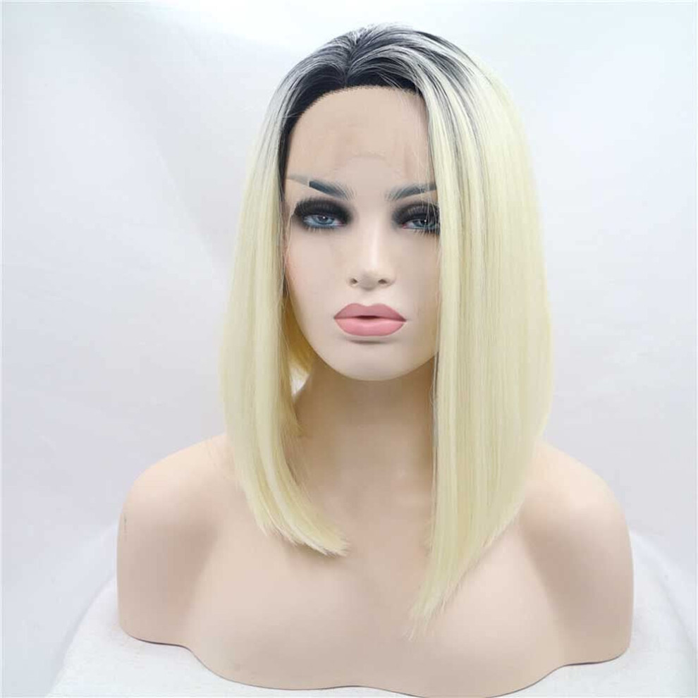 Unisex Dark Ombre Blonde Lace Front Wig Short Bob Heat Resistant Fiber With Roots And Wig Caps