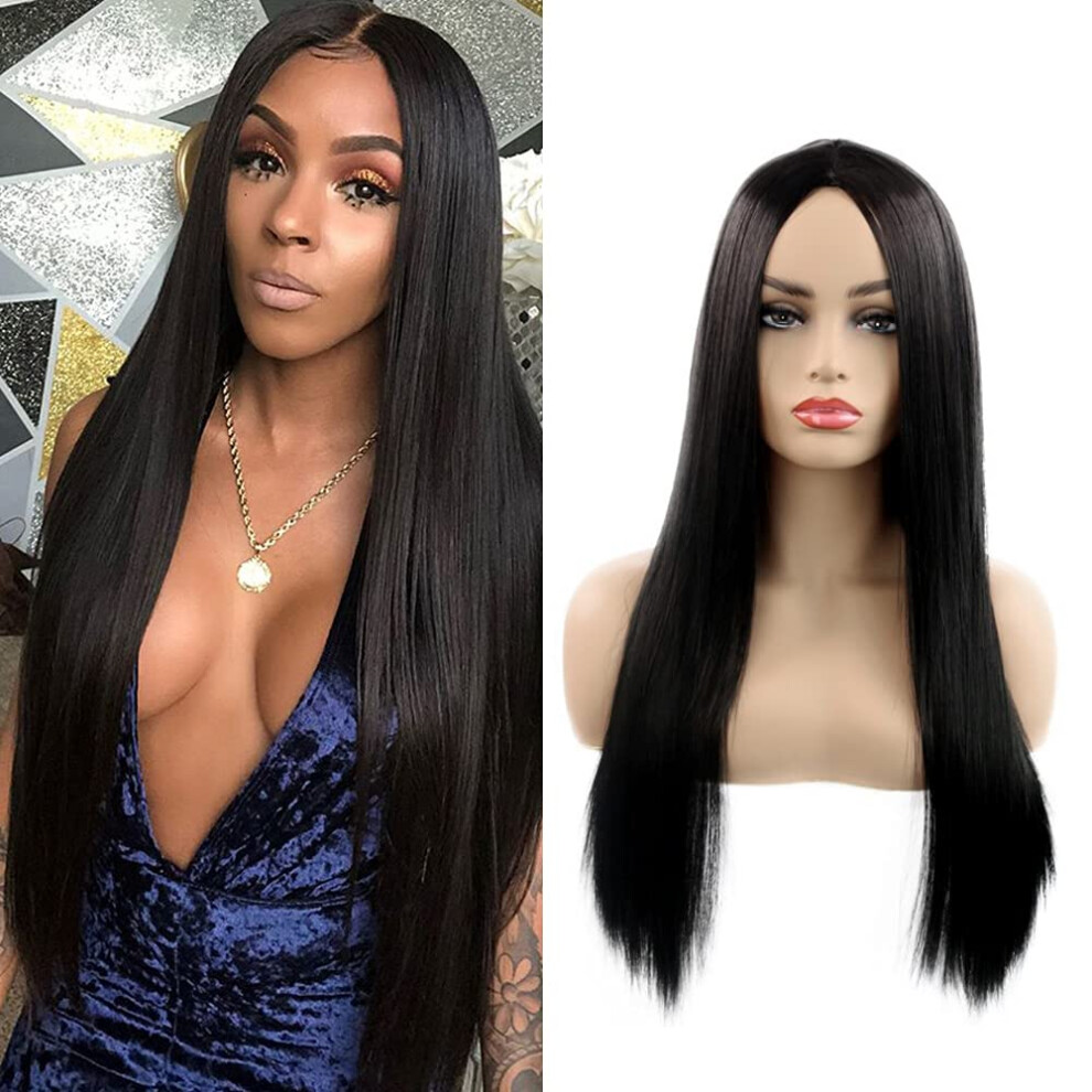 24 Inch Long Straight Black Wig for Women, Synthetic Heat Resistant Fiber with Natural Hairline