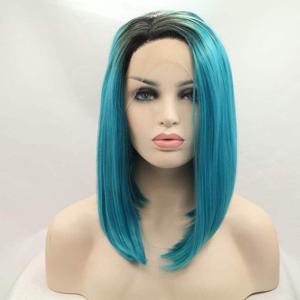 Blue Gradient Lace Front Wig Synthetic Long Straight Hair for Cosplay with Natural Hairline