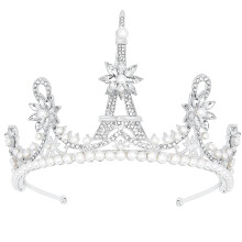 Silver Princess Pearl Tower Tiara Crystal Wedding Crown for Women and Girls Bridal Prom Party