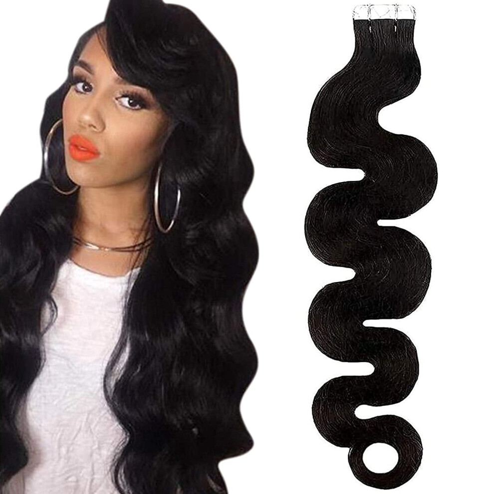 Unisex Black 30 Inch Wavy Human Hair Extensions Tape In Brazilian Body Wave 100G 40Pcs Natural Volume
