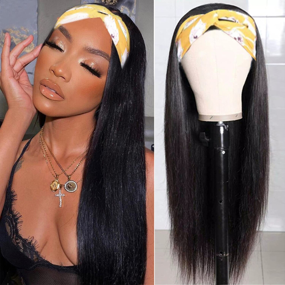 Unisex 24 Inch Straight Human Hair Headband Wig Glueless Brazilian Virgin Natural Sleek No Lace Front