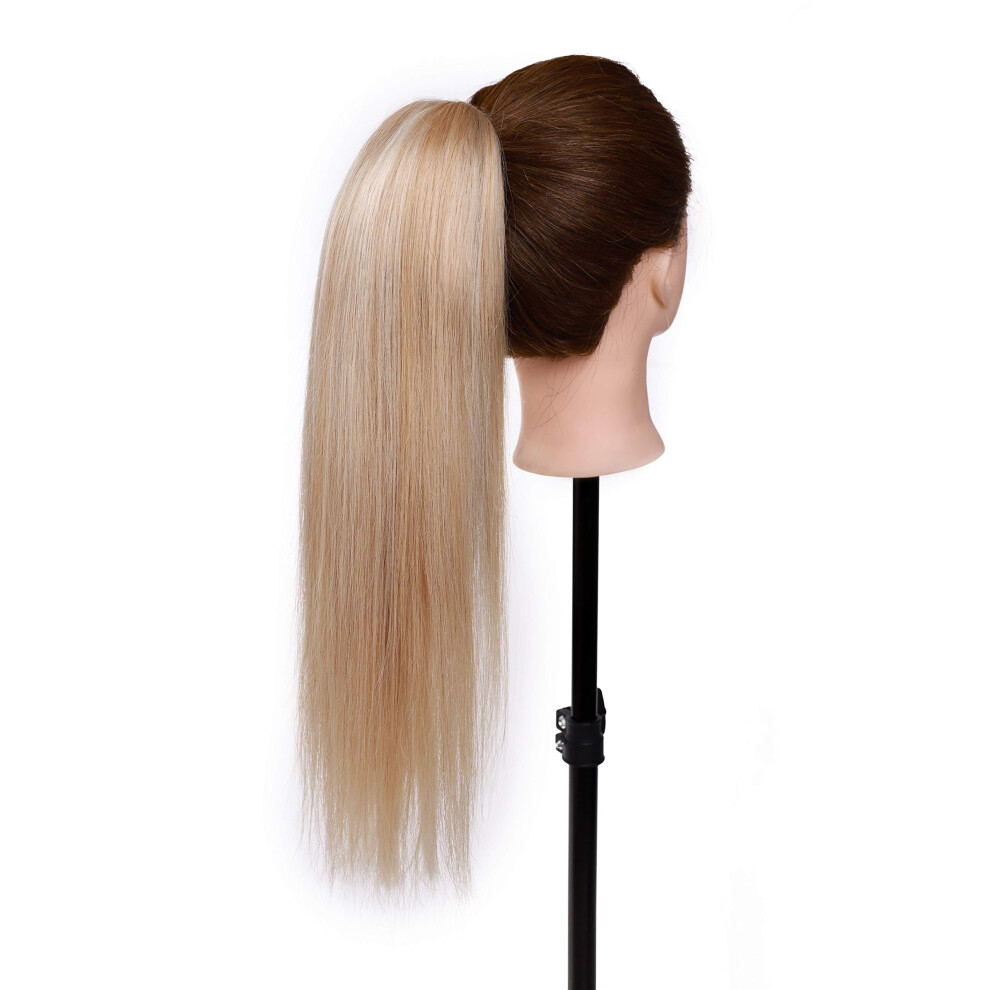 Unisex Remy Human Hair Ponytail Extension 20 Inch Straight Balayage Ash Blonde Clip In With Claw Clip Hold