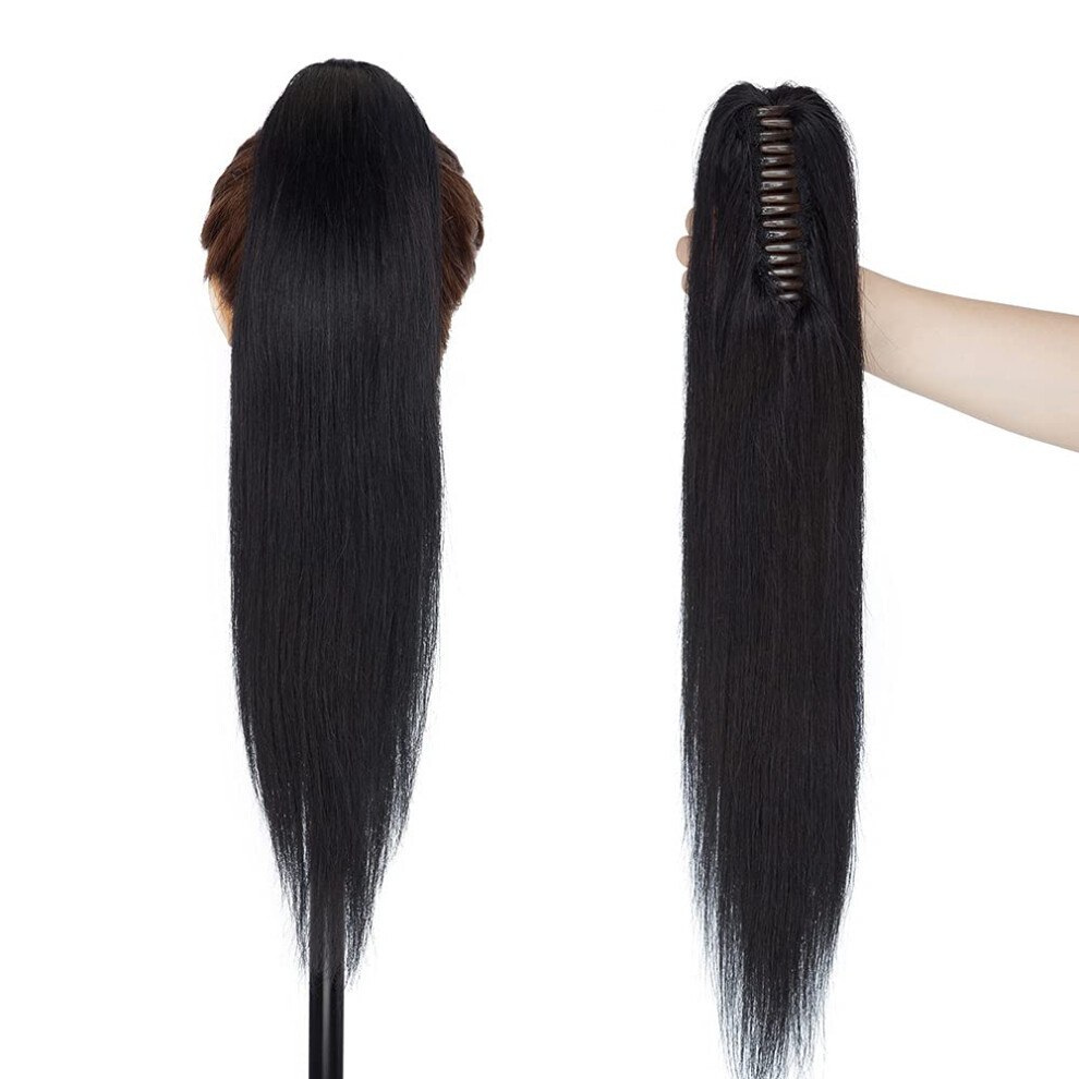 Unisex Black 20 Inch Jet Human Hair Claw Clip Ponytail Extension, Remy Real Hair For Instant Volume Boost