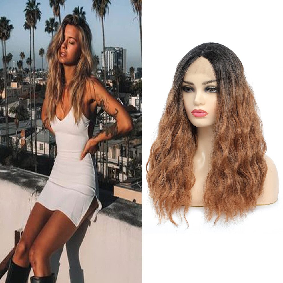 Unisex Brown Lace Front Wavy Bob Wig Ombre Heat Resistant Synthetic Hair Natural Lace Hairline For Women