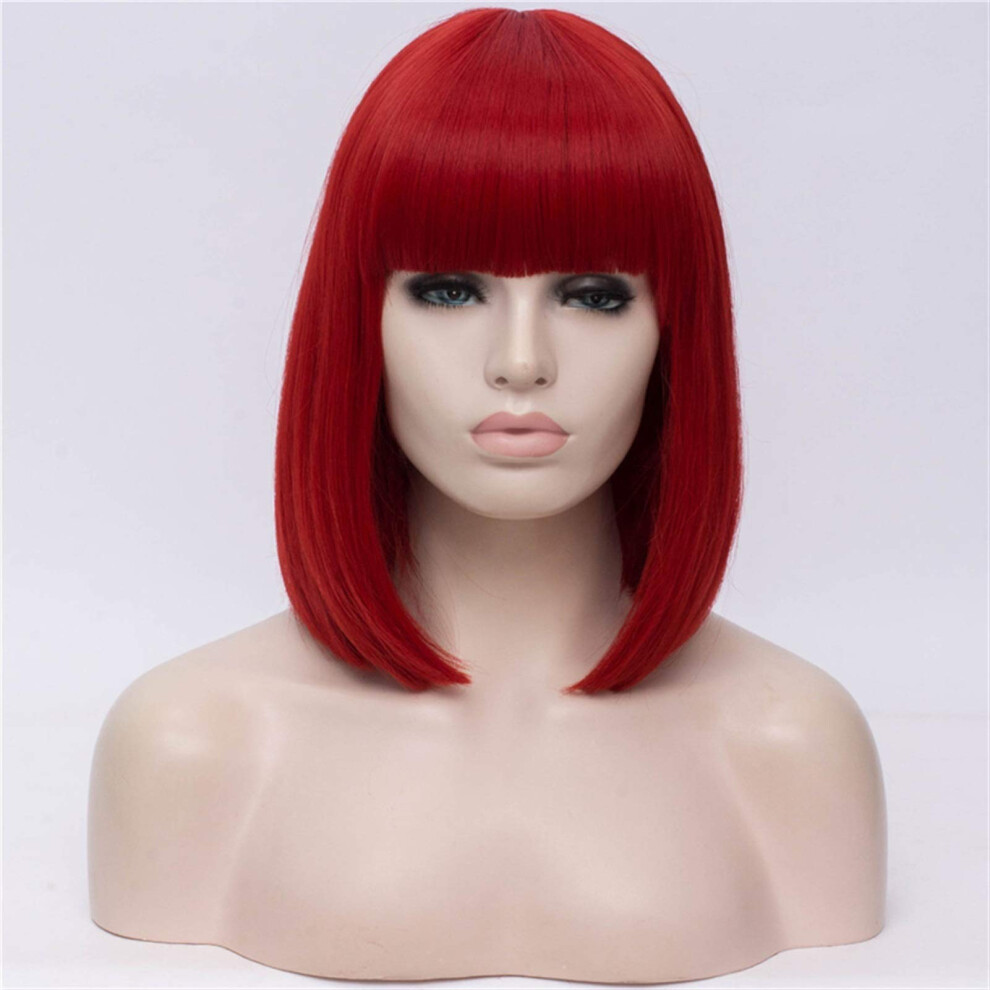 Unisex Black Synthetic Wig 14 Inch Straight Short With Bangs Silky Fiber Cosplay Wig For Women