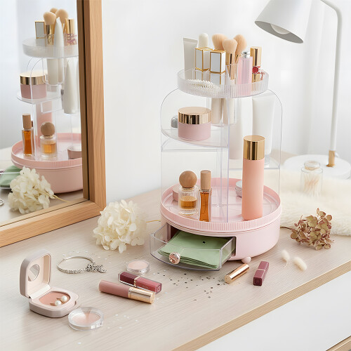 Living And Home Tabletop Rotating Cosmetic Storage Organiser, Pink 1