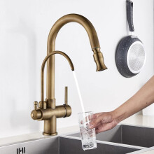 3 Way Kitchen Mixer Tap with Drinking Water Filter Antique Brass Dual Handle Pull Out Faucet Hot Cold