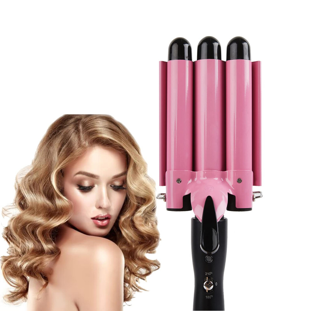 Pink 3 Barrel Curling Iron Wand Dual Voltage 32Mm Hair Waver Adjustable Temperature Fast Heatup