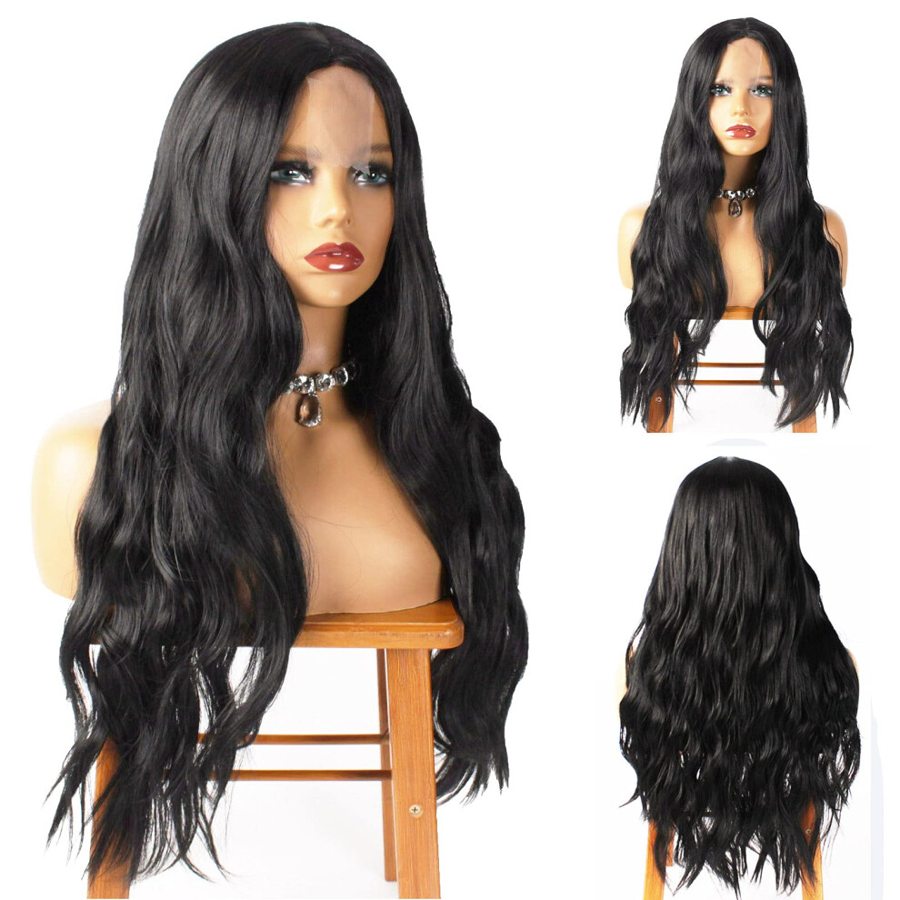 Unisex Black Long Wig 26 Inch Wavy Synthetic Hair With Middle Part Realistic Hairline Heat Resistant