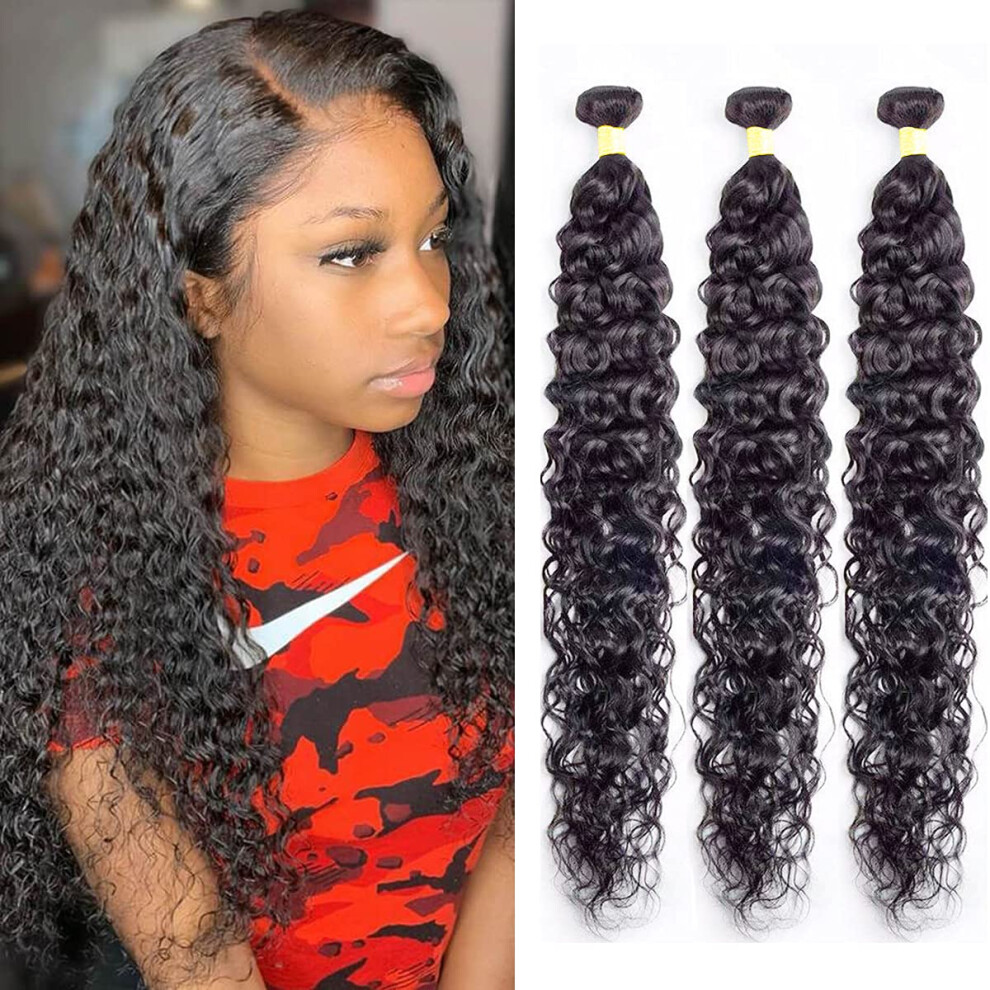 Unisex Black Water Wave Human Hair Bundles 3Pcs 10A Brazilian Virgin Hair Extensions 100% Unprocessed Wet And Wavy Natural