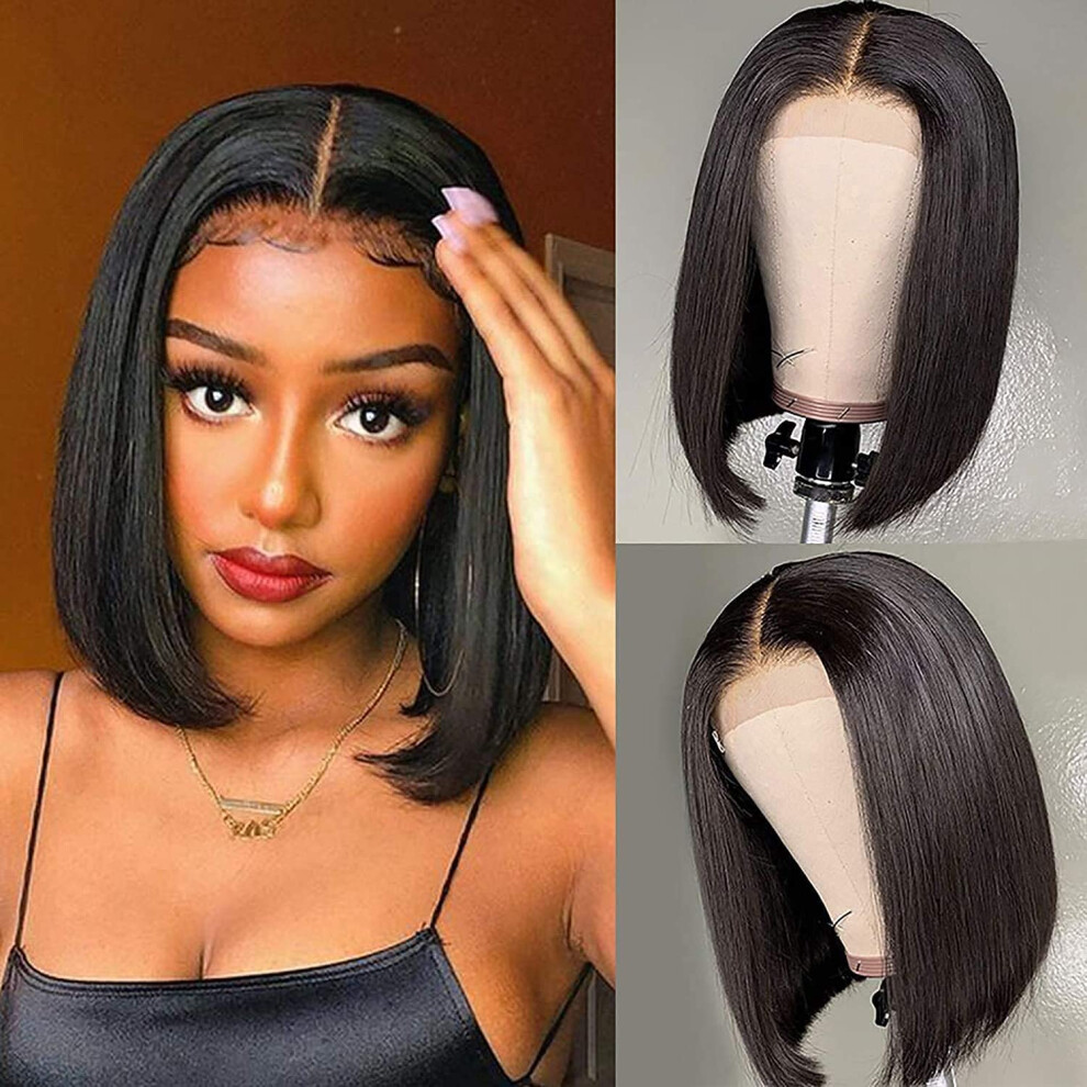 Unisex Black 13X4 Lace Front Human Hair Bob Wig 12 Inch Brazilian Virgin Natural Preplucked