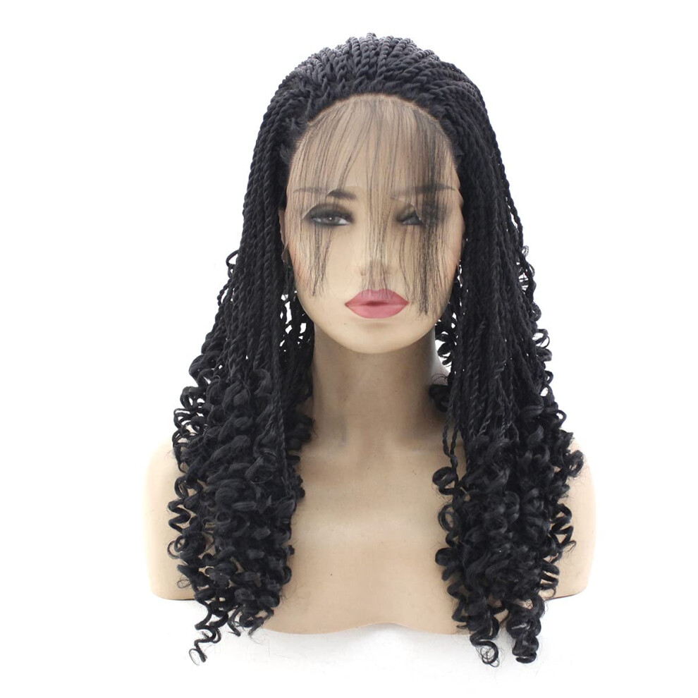 16 Inch Synthetic Lace Front Wig with Micro Braids, Glueless Heat Resistant, Natural Hairline for Black Women