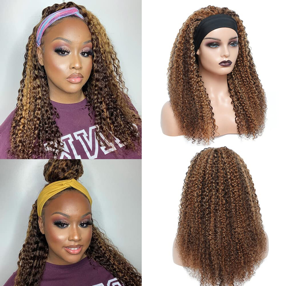 26 Inch Curly Headband Wig Human Hair with Ombre Highlights for Black Women, NoGlue Wear