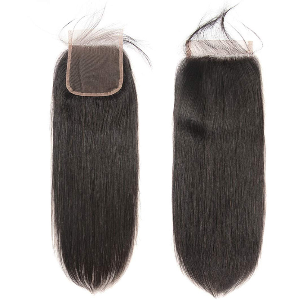 Unisex Black Virgin Human Hair Closure 4X4 Lace 20 Inch Straight Natural Remy With Realistic Hairline
