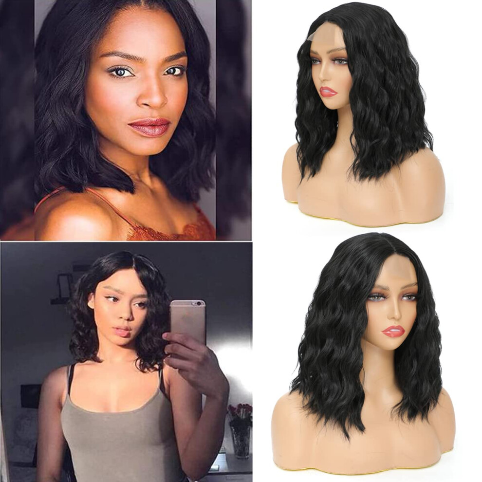 Unisex Black Short Curly Wig For Women Synthetic Shoulder Length Wavy Bob With Natural Middle Part And Heat Resistant Fiber