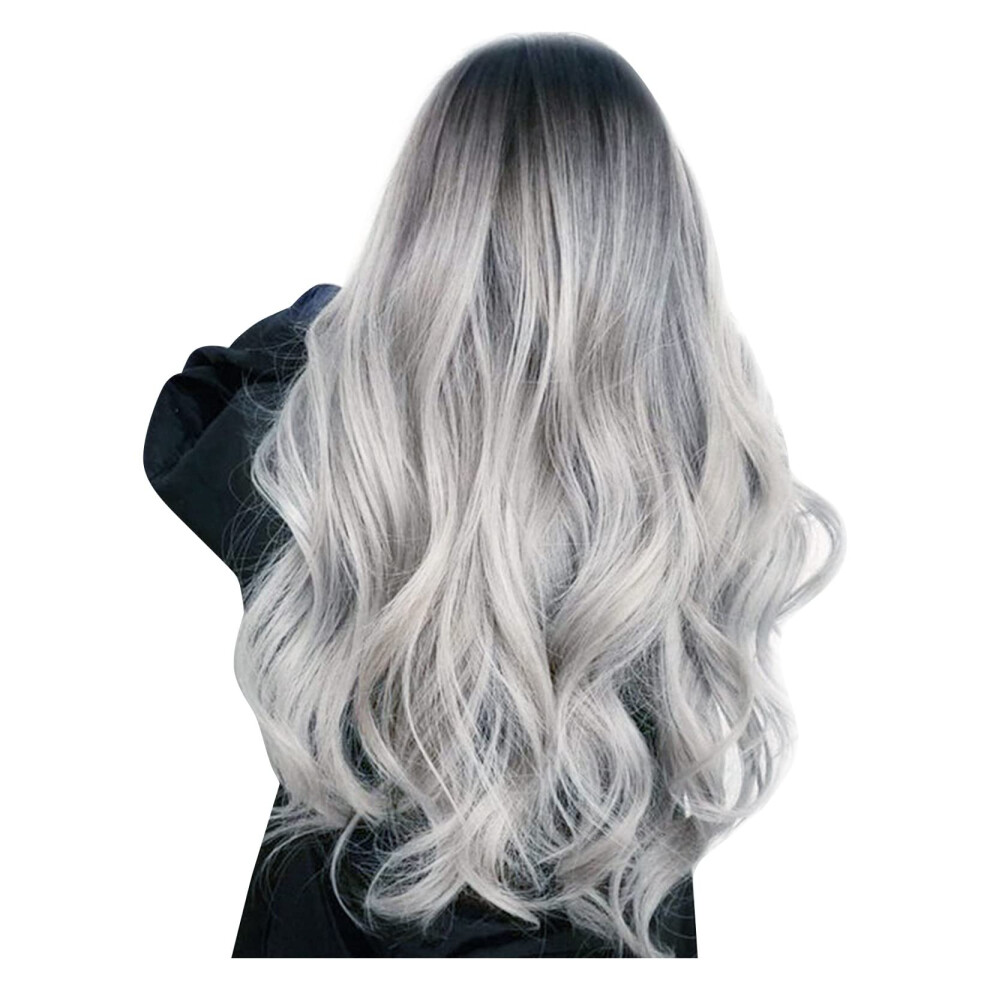 Unisex Black 65Cm Long Curly Wig For Women Gray Ombre Lace Front Heat Resistant Synthetic Fiber