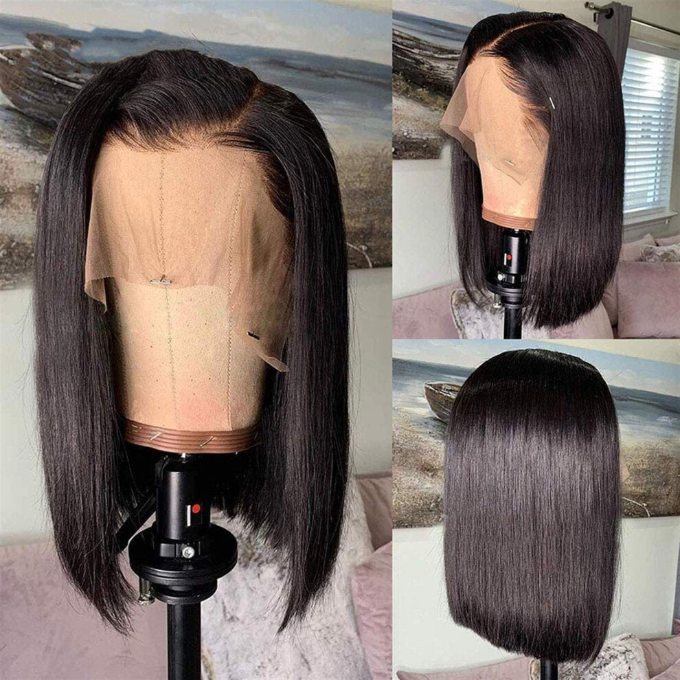 Human Hair Lace Front Bob Wig for Black Women, 12 Inch Brazilian Remy, Pre Plucked Hairline, 150 Density