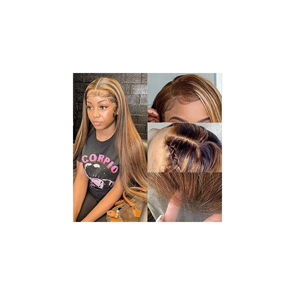 Unisex 13X6 Hd Lace Front Wig 28 Inch Straight Highlight Ombre Human Hair PreâPlucked Hairline With Baby Hair
