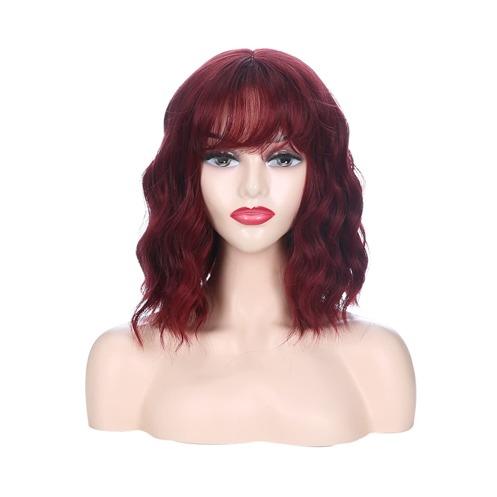 Short Wavy Bob Wig with Bangs, Natural Looking Heat Resistant Synthetic Hair, 14 Inch Wine Red