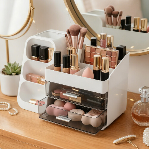 Living And Home Modern Multi-Compartment Cosmetic Storage Organiser with Drawers, White