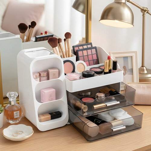 Living And Home Modern Multi-Compartment Cosmetic Storage Organiser with Drawers, White 2