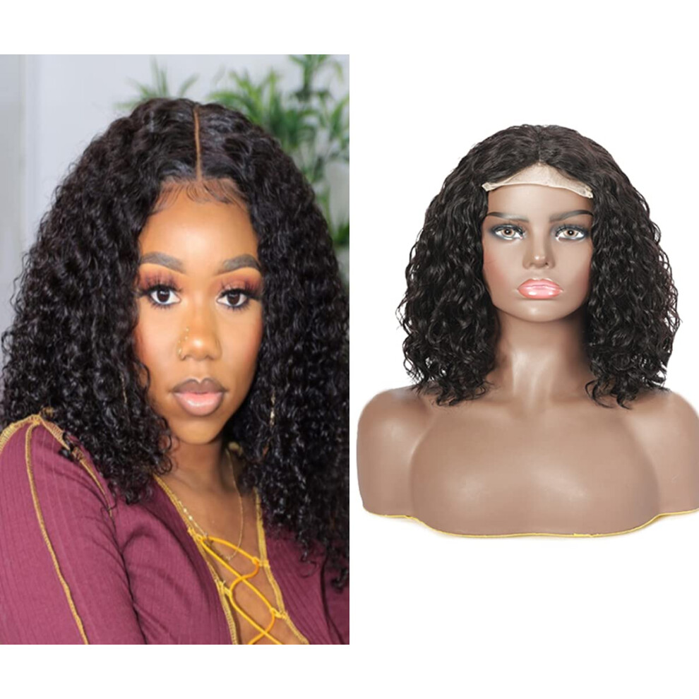 Unisex Black Glueless 4X4 Lace Closure Human Hair Wig 8 Inch Curly Bob, 150 Density Brazilian Virgin, Preplucked Bleached Knots